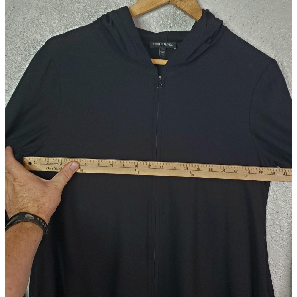 Eileen Fisher Jacket Womens Medium Black Hooded Zip Front Cardigan Hanky Hem - Picture 12 of 16